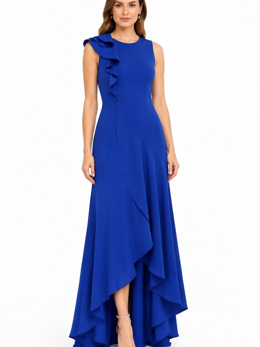 Betsy & Adam Cobalt Blue One-Shoulder Ruffle High-Low Gown Size 12